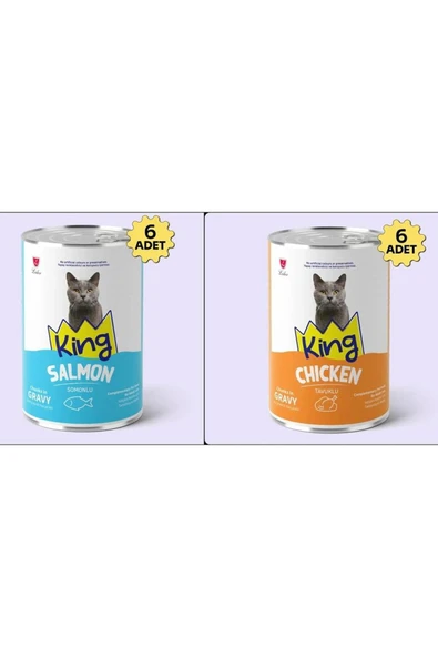 King Sos İçerisinde Et Parçacıklı Tavuklu ve Somonlu Kedi Konservesi 400 Gr*12 Adet ürün görseli 1