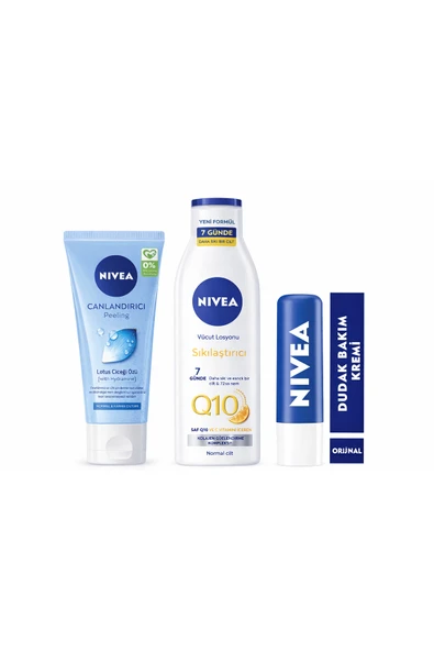 NIVEA Q10 250 ml Sıkılaştırıcı Vücut Losyonu + Yüz Peelingi 150 + Dudak Bakım Kremi 4,8 gr Üçlü Set ürün görseli 1