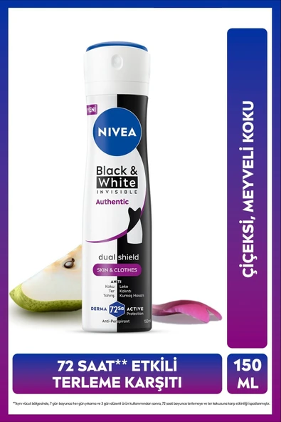 NIVEA Kadın Sprey Deodorant Black&White Authentic 150 ml,Terleme Karşıtı,Meyve,Çiçek Kokusu,Kumaş Koruması ürün görseli 1