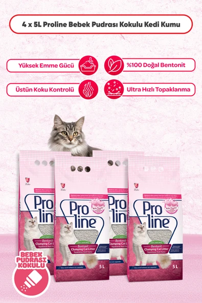 Proline Proline Bentonit Bebek Pudralı Topaklaşan Kedi Kumu 5 Litre 4 Adet ürün görseli 1