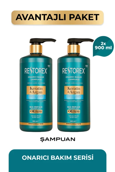 Restorex Keratin & Argan Onarıcı Şampuan 2 x 900 ml – Kırılma Karşıtı Güçlendirme ürün görseli 1