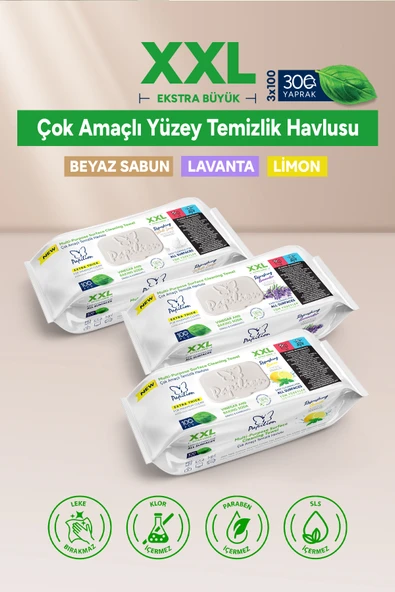 Papilion Easy Clean XXL Çok Amaçlı Yüzey Temizlik Havlusu Beyaz Sabun Limon Lavanta 3x100 Büyük Boy İz Yapmaz ürün görseli 1