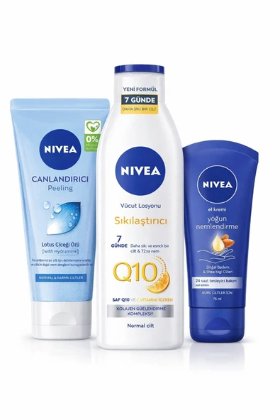 NIVEA Q10 250 ml Sıkılaştırıcı Vücut Losyonu + Yüz Peelingi 150 + El Kremi 75 ml Üçlü Set ürün görseli 1