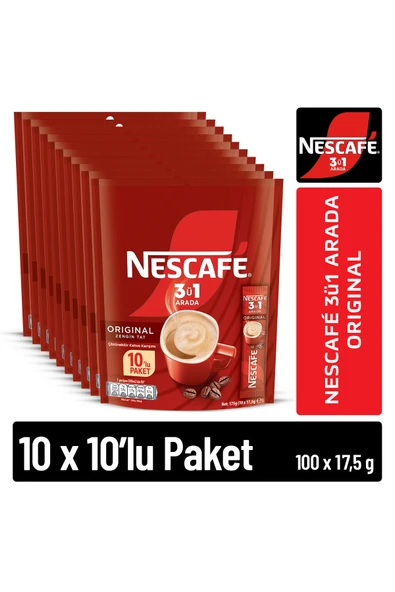 Nescafe Nescafé 3ü1 Arada Original Çözünebilir Kahve 10 x 10'lu paket (10x17,5g) ürün görseli 1