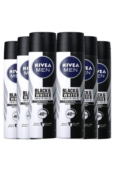 NIVEA Men Invisible Black&White Original Erkek Sprey Deodorant 150 ML x 6 ürün görseli 1