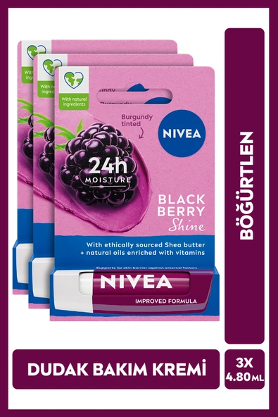 NIVEA Böğürtlen Renkli Dudak Bakım Kremi, Nemlendirici, Hafif Bordo Işıltı, Dudak Parlatıcısı, X3 Adet ürün görseli 1