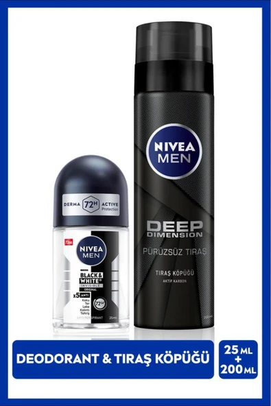 NIVEA MEN Erkek Tıraş Köpüğü Deep Dimension 200ml ve Mini Roll-on Deodorant Black&White Original 25ml ürün görseli 1