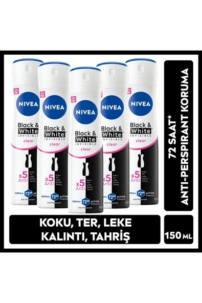 NIVEA Kadın Sprey Deodorant Black&White Invisible Clear 150ml, 72 Saat Koruma, Alkolsüz, X5 Adet Set ürün görseli 1