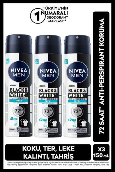 NIVEA MEN Erkek Sprey Deodorant Black&White Invisible Fresh 150ml, Alkolsüz, X3 Adet ürün görseli 1