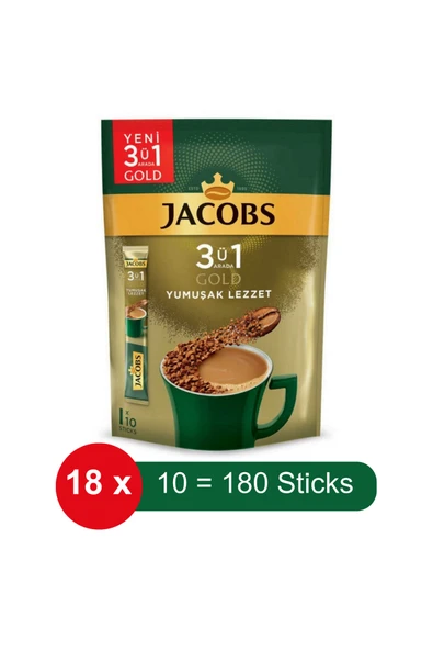 Jacobs 3 ü 1 Arada Gold Yumuşak Lezzet Hazır Kahve – 10 lu Paket x 18 Adet ürün görseli 1
