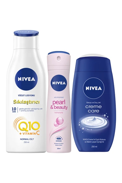 NIVEA Q10 Fırmıng 250 ml  + Pearl Beauty Sprey 150 ml  + Crème Care 250 ml  Duş Jeli ürün görseli 1