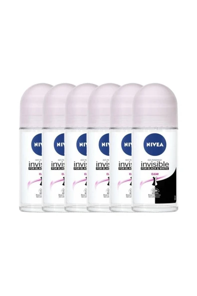NIVEA Invisible Black&white Clear 50 ml Kadın Roll On 6'lı Paket ürün görseli 1