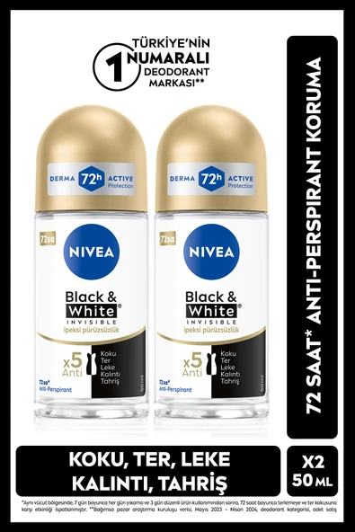 NIVEA Kadın Roll-on Deodorant Black&White Invisible İpeksi Pürüzsüzlük 50ml, 72 Saat Koruma, X2 Adet ürün görseli 1