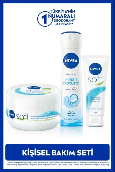 NIVEA Kadın Sprey Deodorant Fresh Natural 150ml, Nemlendirici Soft El Bakım Kremi 75ml, Vücut Kremi 300ml ürün görseli 1