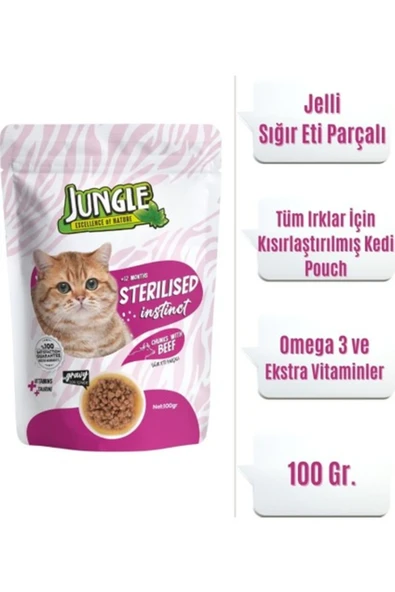 Jungle Kısırlaştırılmış Kedi Maması Sığır Eti Parçalı Pouch 100 gr v11 ürün görseli 1