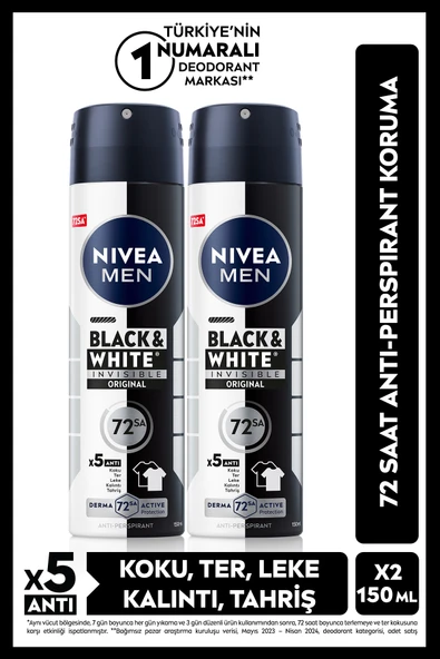NIVEA MEN Erkek Sprey Deodorant Black&White Invisible Original 150ml, Alkolsüz, 72 Saat Koruma, X2 Adet ürün görseli 1