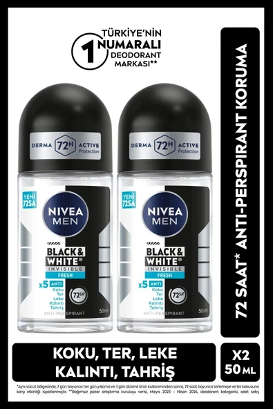 NIVEA MEN Erkek Roll-on Deodorant Black&White Invisible Fresh 50ml, 72 Saat Anti-perspirant Koruma, X2Adet ürün görseli 1