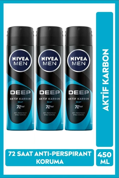 NIVEA Erkek Deep Beat Aktif Karbon Deodorant 150 ml X 3 Adet ürün görseli 1