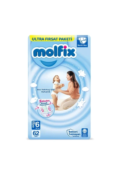 Molfix Bebek Bezi Ultra Fırsat Paketi 6 Beden 15+ Kg 62 Adet ürün görseli 1