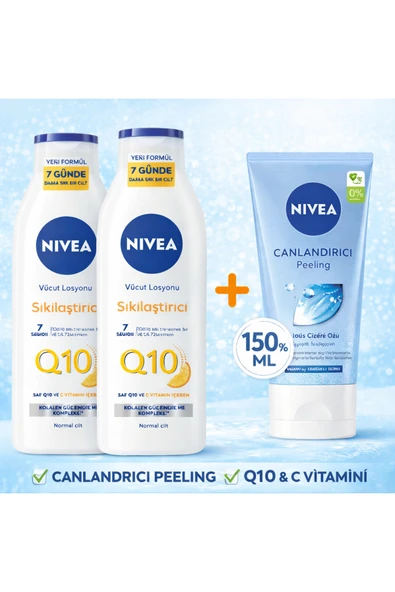 NIVEA Q10 7 Günde Sıkılaştırıcı Vücut Bakım Losyonu 250ml X 2 Adet Canlandırıcı Yüz Peelingi 1 Adet Set ürün görseli 1