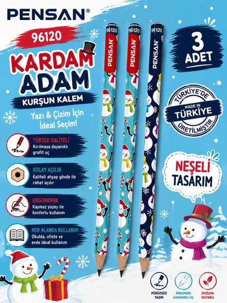 Pensan 96120 Kardan Adam Desenli HB Kurşun Kalem Yazı ve Çizim Kalemi Okul Kırtasiye 3 Adet ürün görseli 1