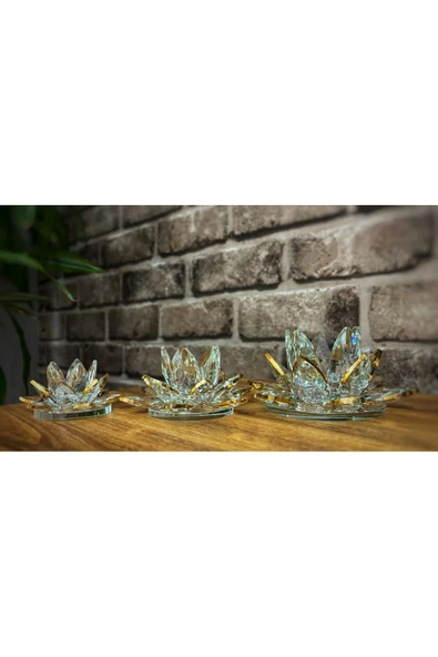 Ozk Atelier Dekoratif Kristal Cam Üçlü Lotus(Nilüfer)Mumluk Şeffaf Gold ürün görseli 1
