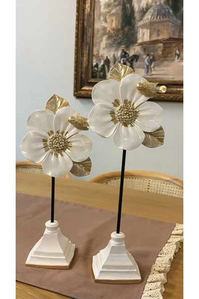 Ozk Atelier Dekoratif Polyester Aksesuar İkili Çiçek Beyaz-Gold ürün görseli 1
