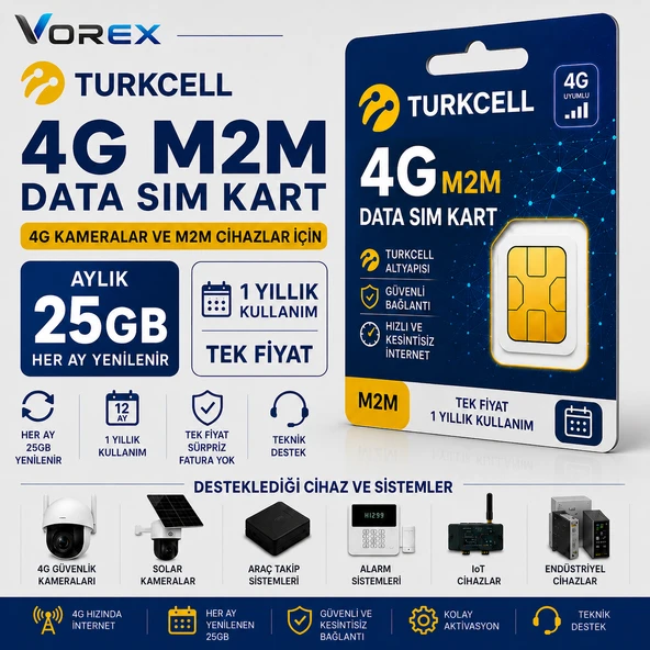 Turkcell 4G M2M Data SIM Kart 25GB Aylık | 1 Yıllık LTE Veri Hattı Kamera IoT Araç Takip ürün görseli 1
