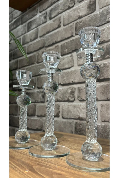 Ozk Atelier Dekoratif Kristal Cam Üçlü Burgulu Metalli Şamdan Gümüş ürün görseli 1