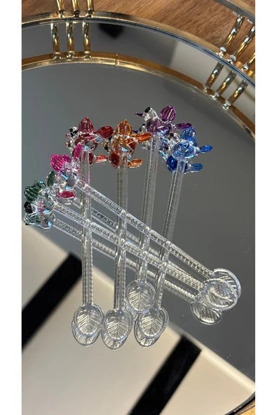 Ozk Atelier Kristal Cam 6’lı Kuş Detaylı Mini Çay-Sunum Kaşığı Renkli ürün görseli 1