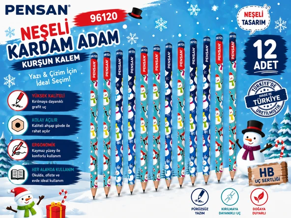Pensan 96120 Kardan Adam Desenli HB Kurşun Kalem Yazı ve Çizim Kalemi Okul Kırtasiye 12 Adet ürün görseli 1