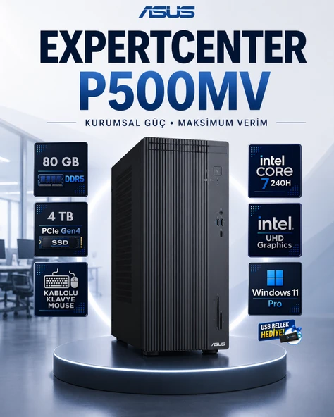 ASUS ExpertCenter P500 Mini Tower Intel Core 7 240H 80 GB DDR5 4 TB SSD Windows 11 Pro Masaüstü Bilgisayar P500MV-C721016512G0DRNP32 ürün görseli 1