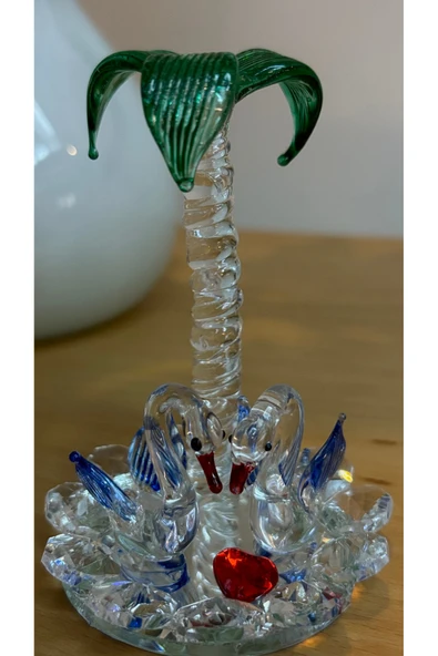 Ozk Atelier Dekoratif Kristal Cam İkili Palmiyeli Kuğu Yeşil Mavi ürün görseli 1