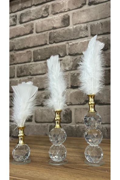 Ozk Atelier Dekoratif Kristal Cam Üçlü Tüy Beyaz-Gold ürün görseli 1