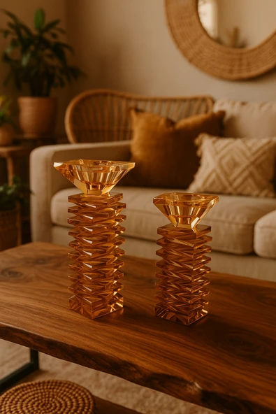 Ozk Atelier Dekoratif Kristal Cam İkili Kare Şamdan Amber(Bal) ürün görseli 1