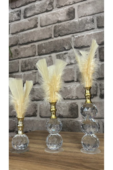 Ozk Atelier Dekoratif Kristal Cam Üçlü Tüy Sütlü Kahve-Gold ürün görseli 1