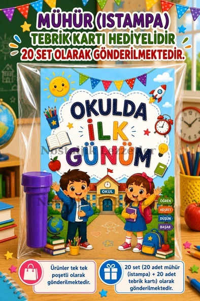 20 Adet Okula Yeni Başlayan Öğrencilere Özel Hediye Seti 1. Sınıf- Sene Başı Mühür (Istampa) Tebrik Kartı Hediyeli ürün görseli 1