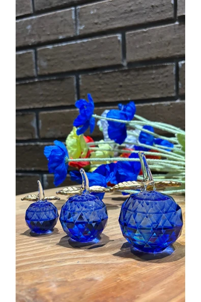 Ozk Atelier Dekoratif Kristal Cam Üçlü Elma Mavi Gold ürün görseli 1