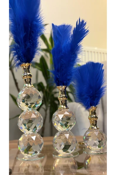 Ozk Atelier Dekoratif Kristal Cam Üçlü Tüy Mavi-Gold ürün görseli 1