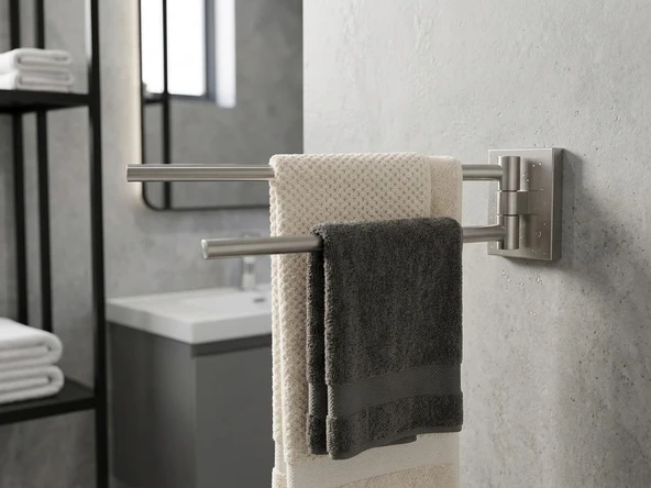 Paslanmaz Çelik Döner Çift Kollu Havluluk Duvara Monte Hareketli Banyo Havlu Askılığı ürün görseli 1
