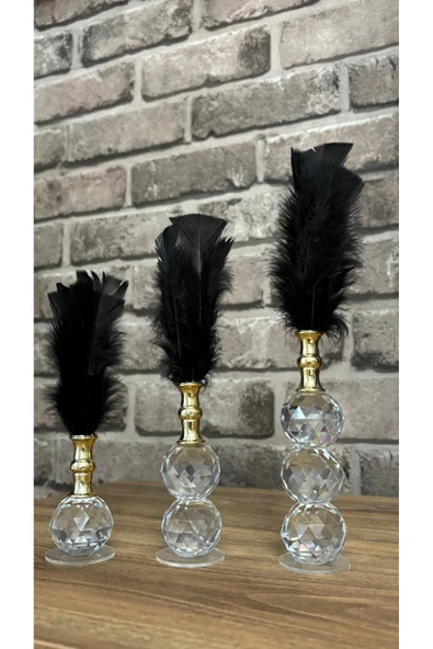 Ozk Atelier Dekoratif Kristal Cam Üçlü Tüy Siyah-Gold ürün görseli 1