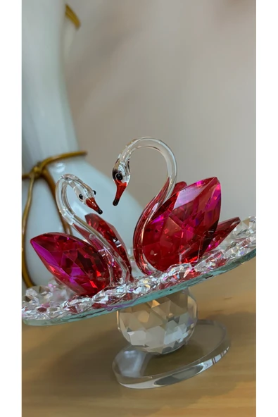 Ozk Atelier Dekoratif Kristal Cam İkili Elips Tepsili Kuğu Pembe ürün görseli 1