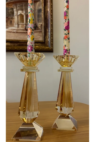 Ozk Atelier Dekoratif Kristal Cam İkili Baba Şamdan Amber(Bal) ürün görseli 1