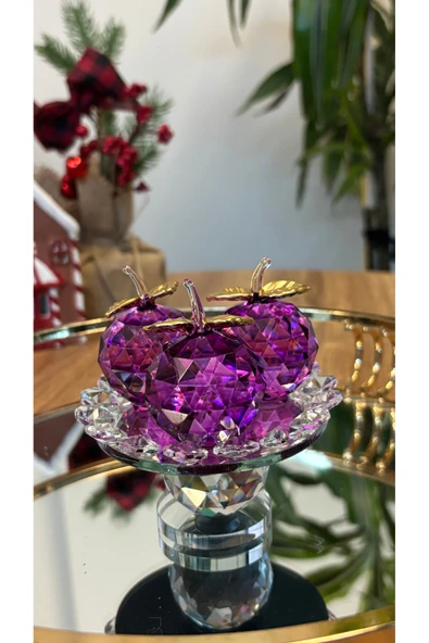 Ozk Atelier Dekoratif Kristal Cam Ayaklı Üçlü Elma Mor-Gold ürün görseli 1