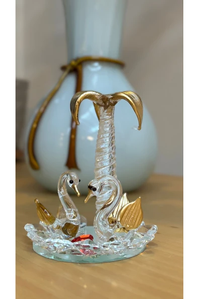 Ozk Atelier Dekoratif Kristal Cam İkili Palmiyeli Kuğu Gold ürün görseli 1