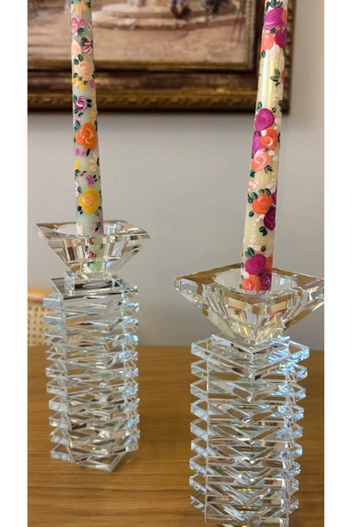 Ozk Atelier Dekoratif Kristal Cam İkili Kare Şamdan Şeffaf ürün görseli 1