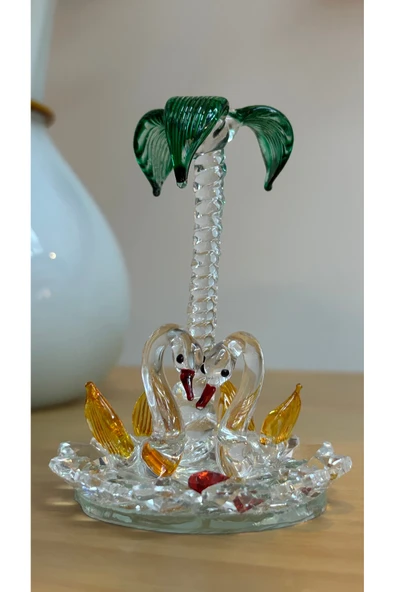 Ozk Atelier Dekoratif Kristal Cam İkili Palmiyeli Kuğu Yeşil Sarı ürün görseli 1