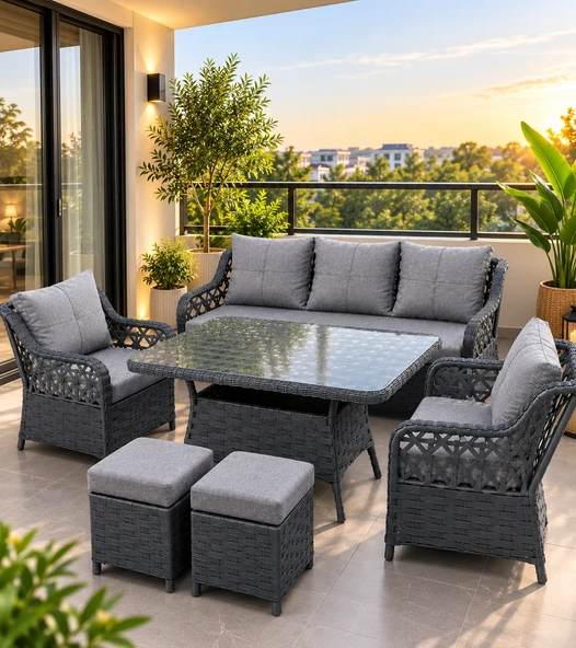 Rattan Bahçe Balkon Oturma Grubu Cam Tablalı Masa Antrasit Gri Minderli ürün görseli 1