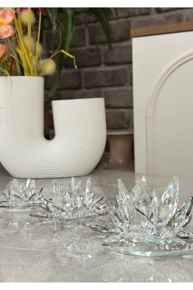 Ozk Atelier Dekoratif Kristal Cam Üçlü Lotus(Nilüfer) Mumluk Şeffaf Gümüş ürün görseli 1