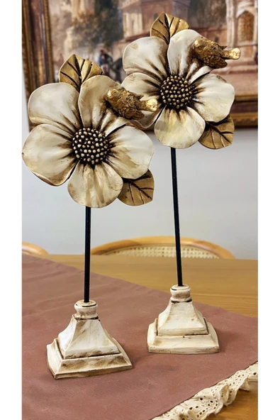 Ozk Atelier Dekoratif Polyester Aksesuar İkili Çiçek Gold-Eskitme ürün görseli 1